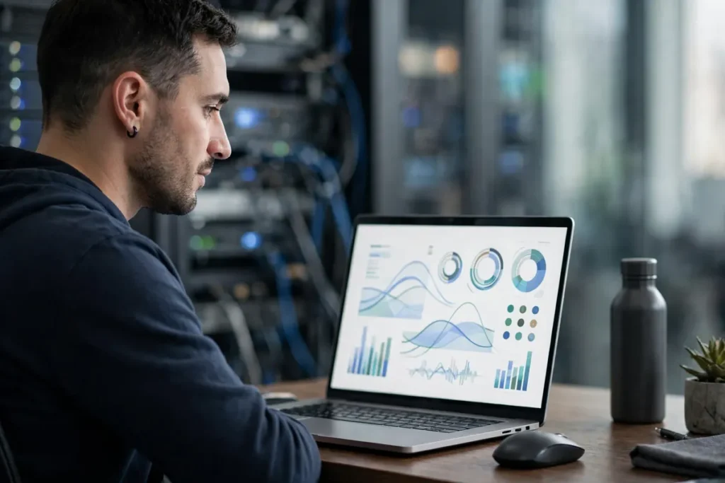 Network security engineer monitoring firewall status dashboard