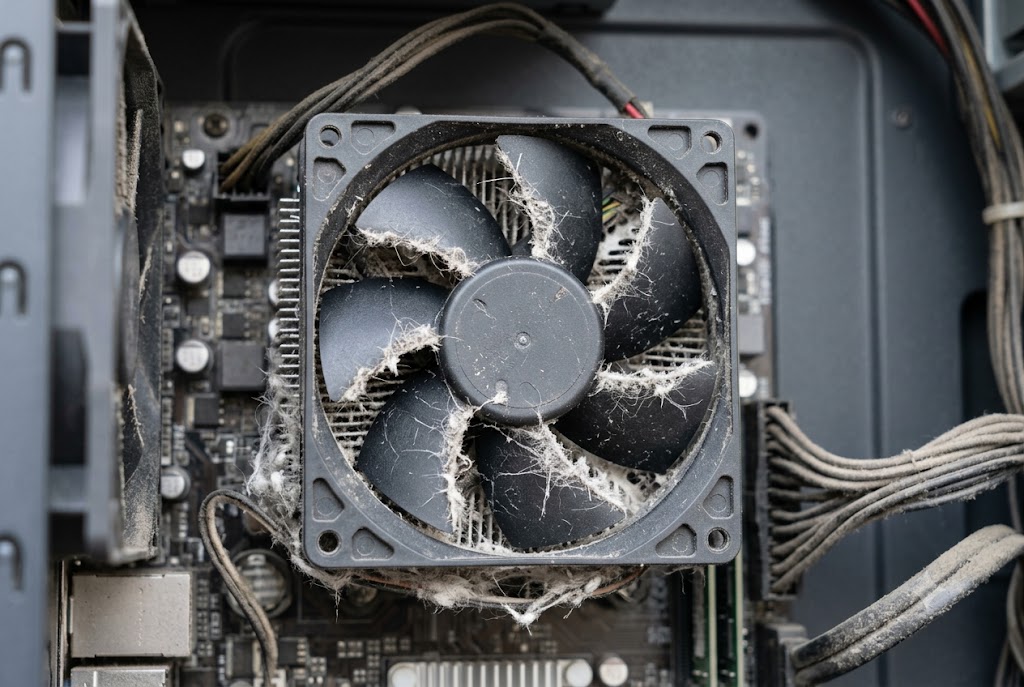 CPU fan and heat sink clogged with white textile fibre lint