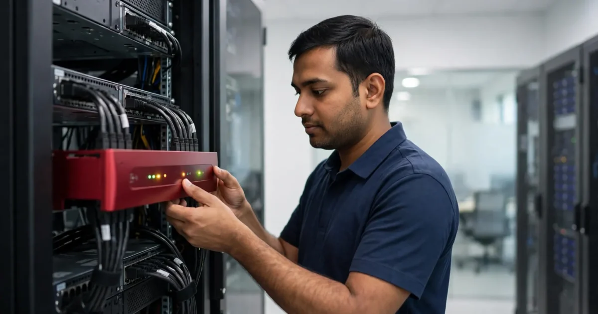 Technician performing firewall installation in Vapi office server rack
