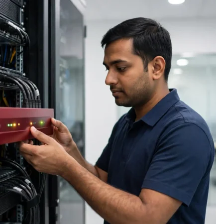Technician performing firewall installation in Vapi office server rack
