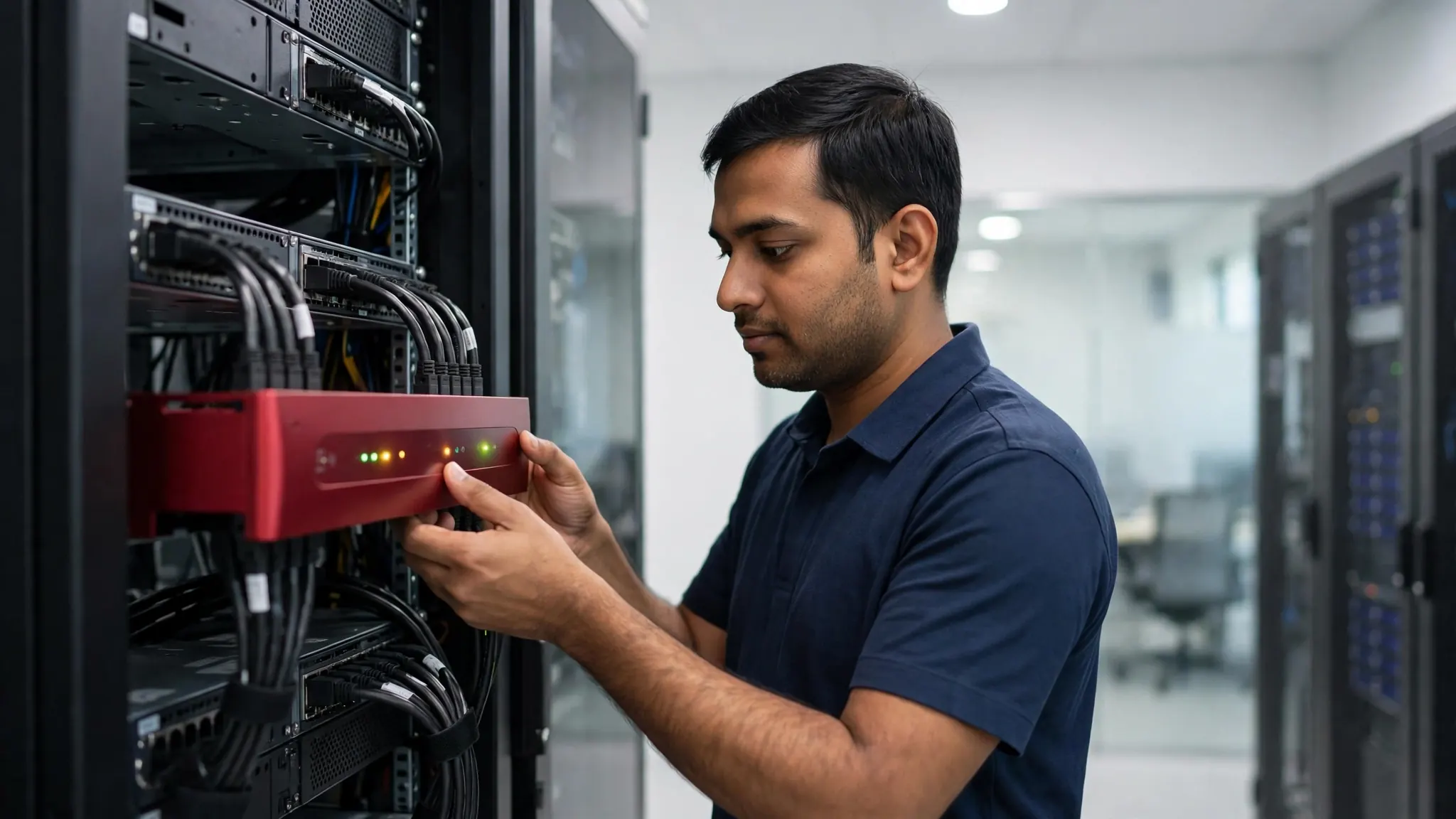 Technician performing firewall installation in Vapi office server rack