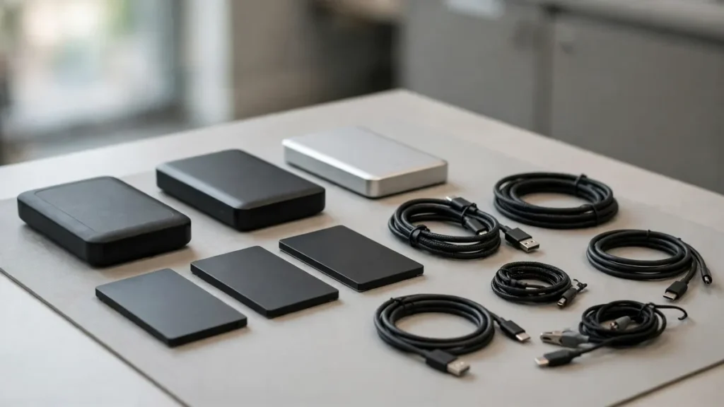 Clean workshop setup showing external storage drives and data cable testing tools